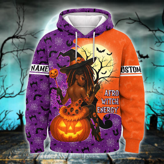 Custom Name Halloween Hoodie – Afro Witch Energy Pumpkin Witch Outfit, Custom Choo