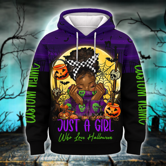 Just A Girl Who Loves Halloween Hoodie – Personalized Name Zip Up Jacket, Custom Choo