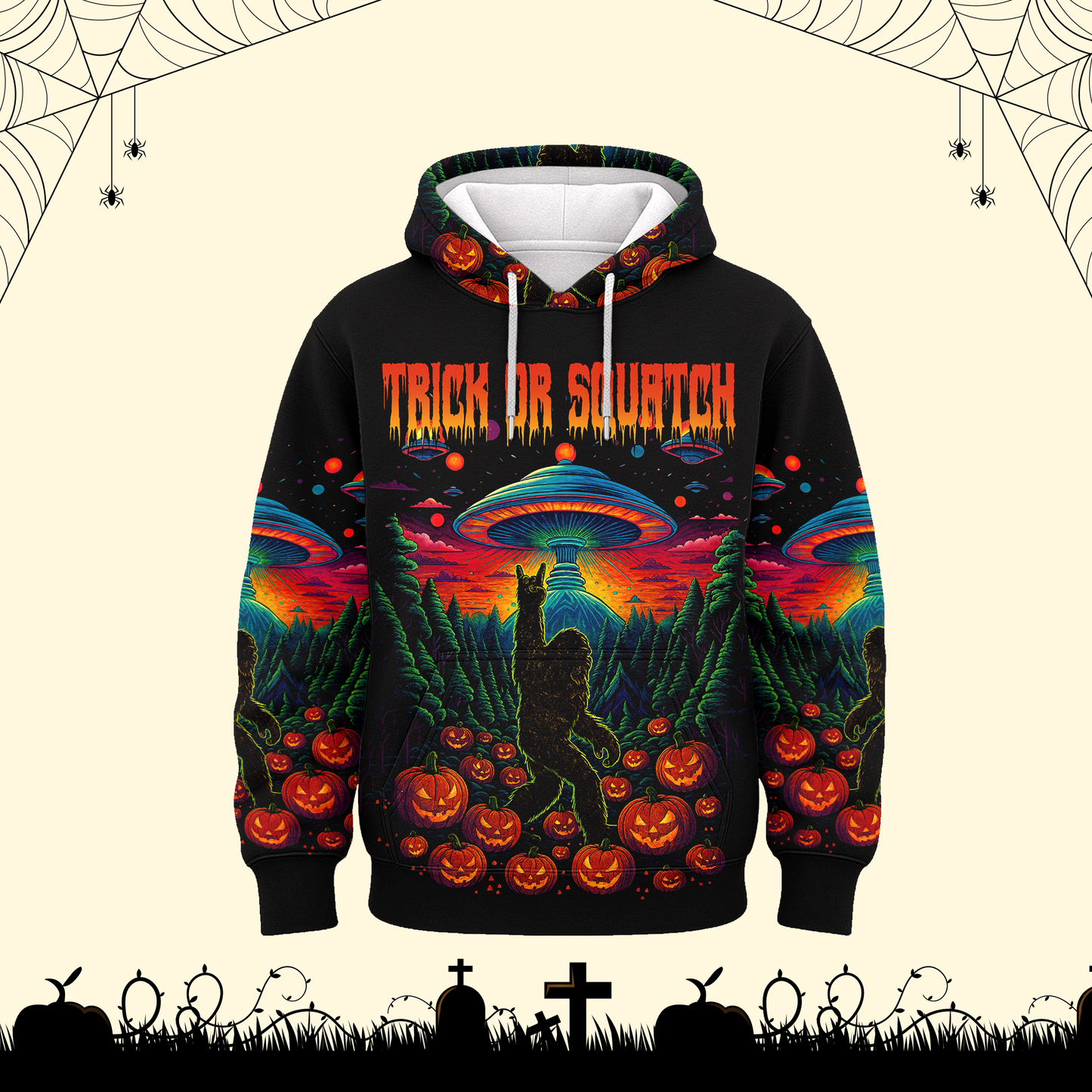Psychedelic Bigfoot & Alien Abduction Halloween Shirt