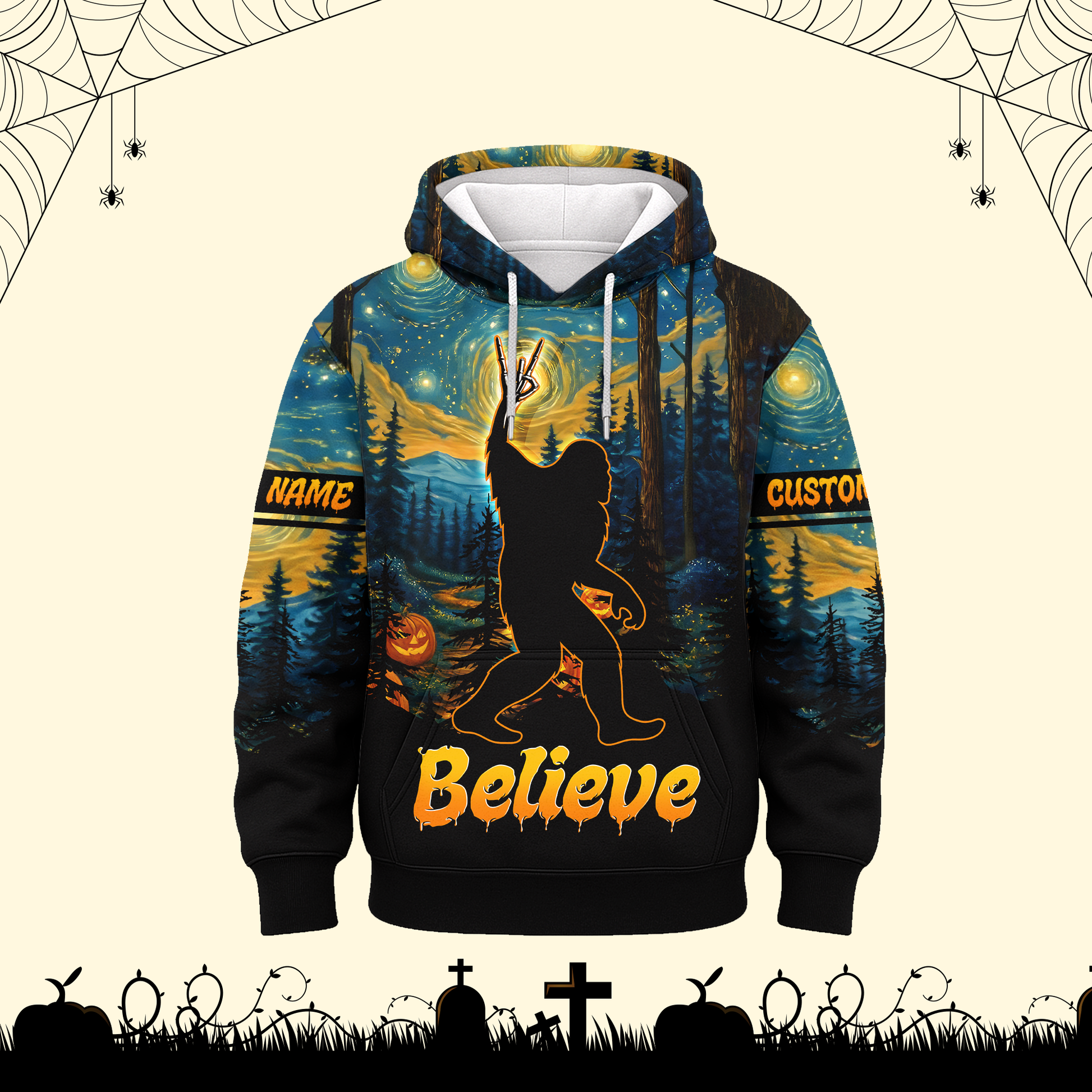 Personalized Bigfoot Believe Halloween Starry Forest Shirt, Custom Choo