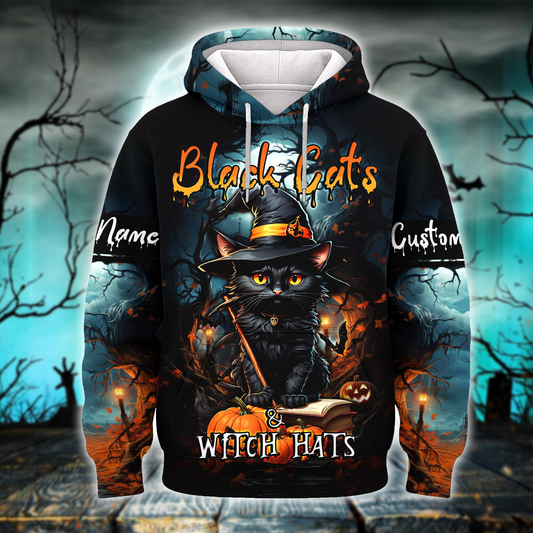 Black Cats & Witch Hats Hoodie – Personalized Halloween Cat Zip Up Jacket, Custom Choo