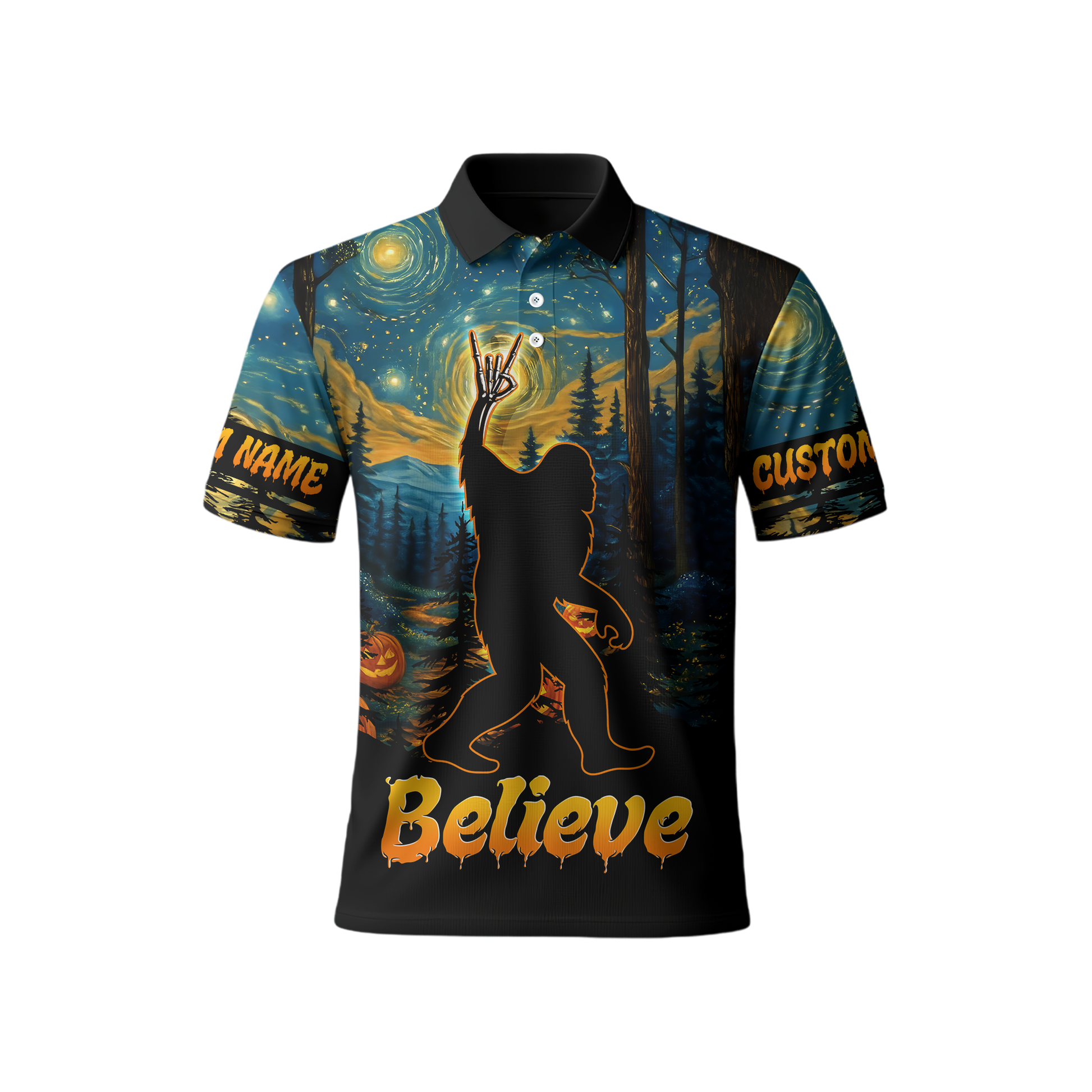 Personalized Bigfoot Believe Halloween Starry Forest Shirt, Custom Choo