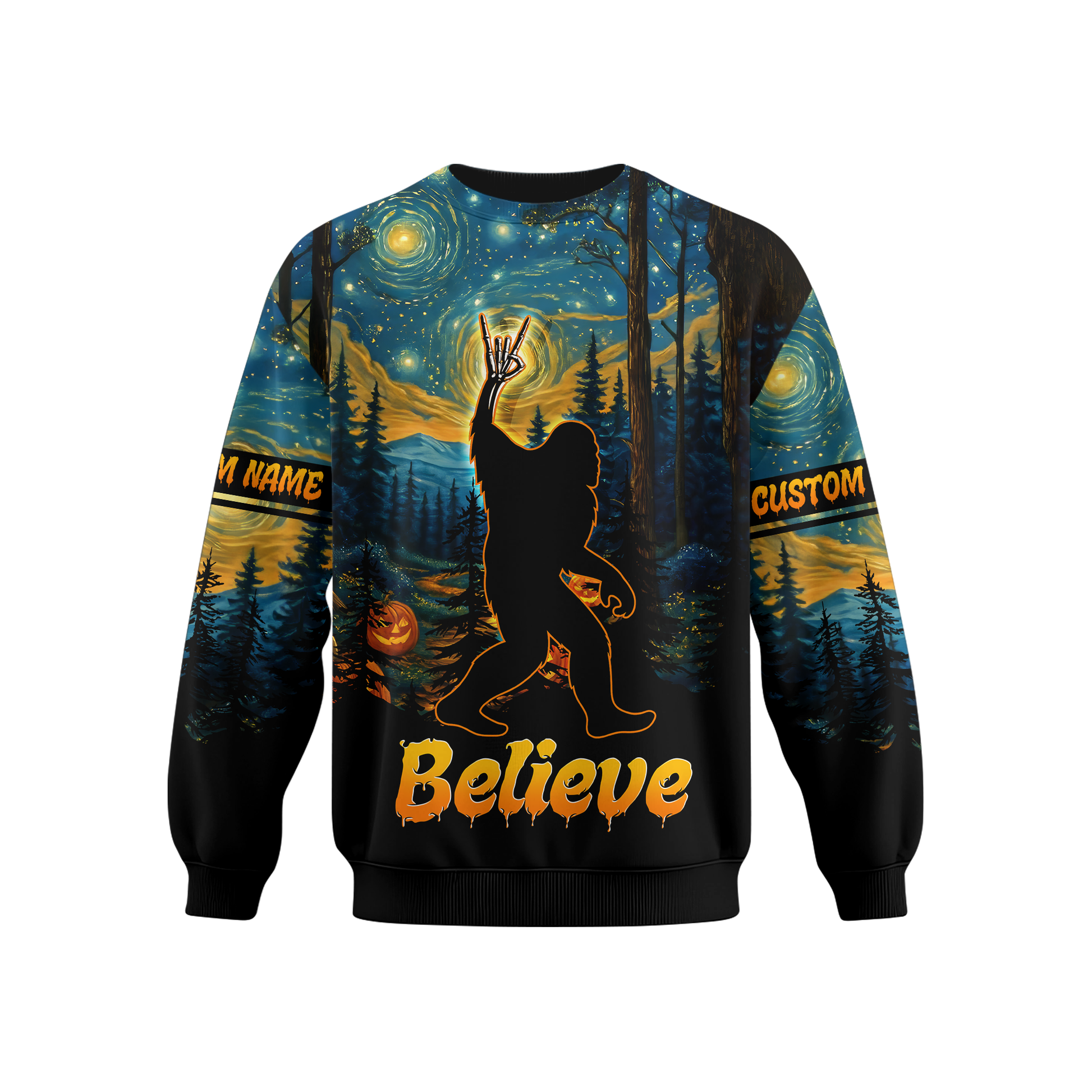 Personalized Bigfoot Believe Halloween Starry Forest Shirt, Custom Choo