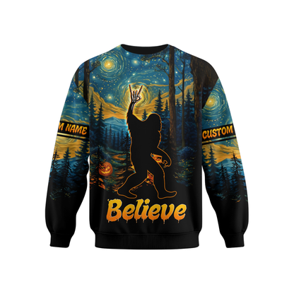 Personalized Bigfoot Believe Halloween Starry Forest Shirt, Custom Choo