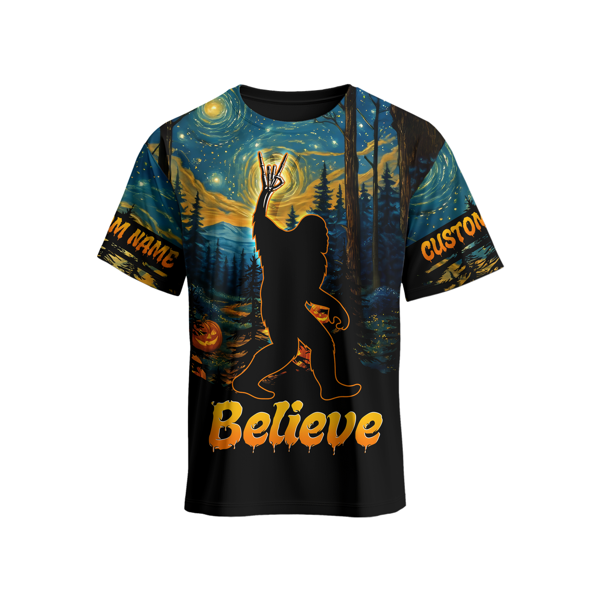 Personalized Bigfoot Believe Halloween Starry Forest Shirt, Custom Choo