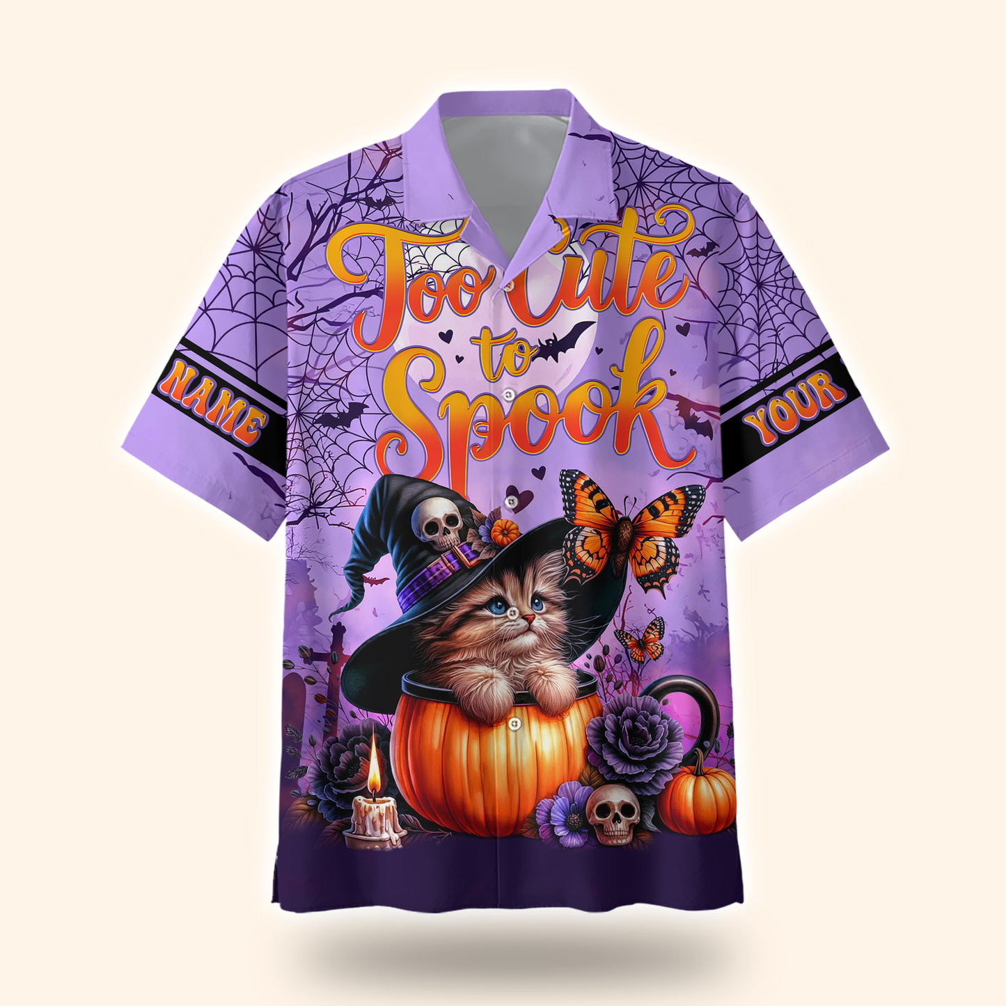 Too Cute To Spook Halloween Cat Hoodie – Personalized Name Zip Up Jacket, Custom Choo