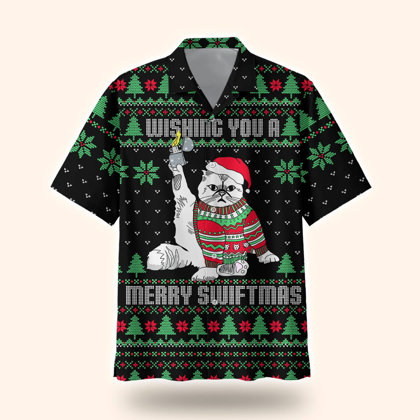 Funny Cat Christmas Hoodie – Wishing You a Merry Swiftmas, Ugly Sweater Style Zip Up, Holiday Hoodie for Cat Lovers
