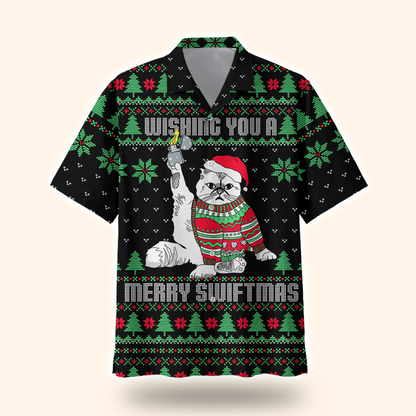 Funny Cat Christmas Hoodie – Wishing You a Merry Swiftmas, Ugly Sweater Style Zip Up, Holiday Hoodie for Cat Lovers