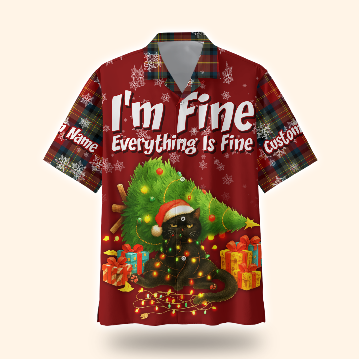 Funny Christmas Cat Hoodie – I’m Fine Everything Is Fine, Personalized Name Holiday Sweatshirt