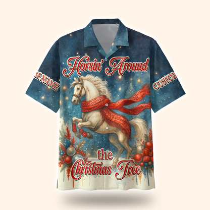 Horsin’ Around the Christmas Tree Hoodie – Funny Horse Lover Holiday Zip Up