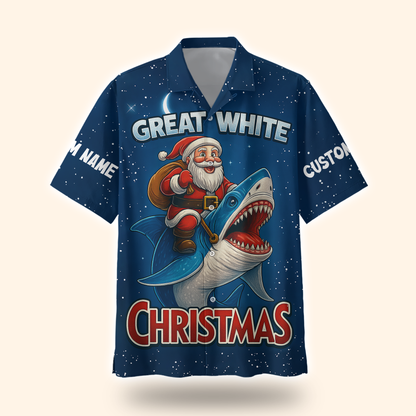 Santa Shark Hoodie – Great White Christmas Zip Up, Funny Holiday Hoodie, Custom Name Blue Ocean Design