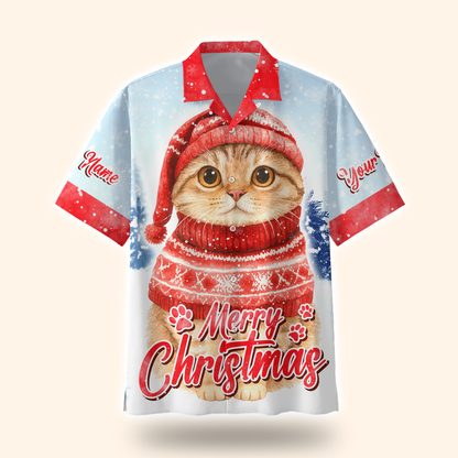 Cute Christmas Cat Hoodie – Merry Christmas Cat in Red Sweater, Personalized Name Gift
