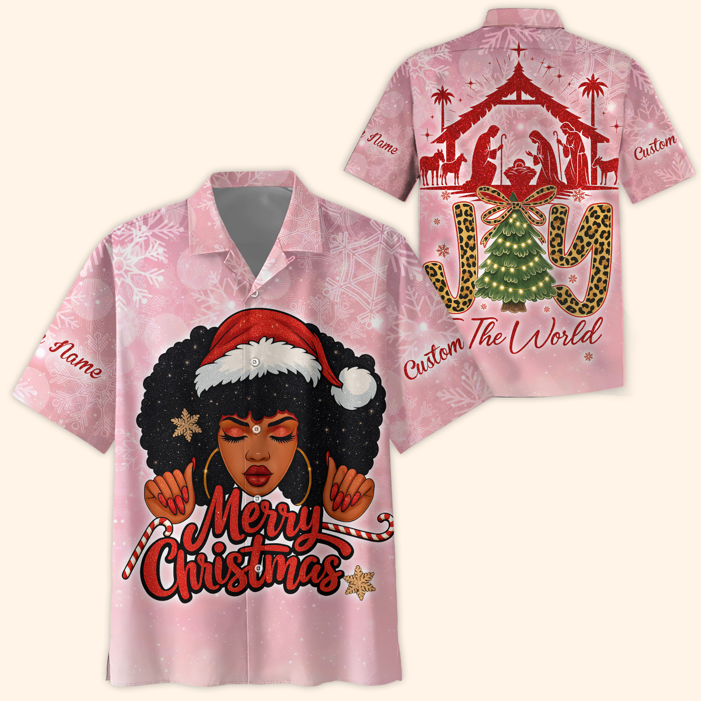 Christian Christmas Hoodie – Joy To The World, Black Girl Santa Zip Up, Custom Name Holiday Hoodie