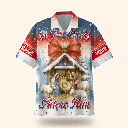 Christian Christmas Hoodie – Oh Come Let Us Adore Him Nativity Scene, Personalized Holiday Zip Up, Custom Choo