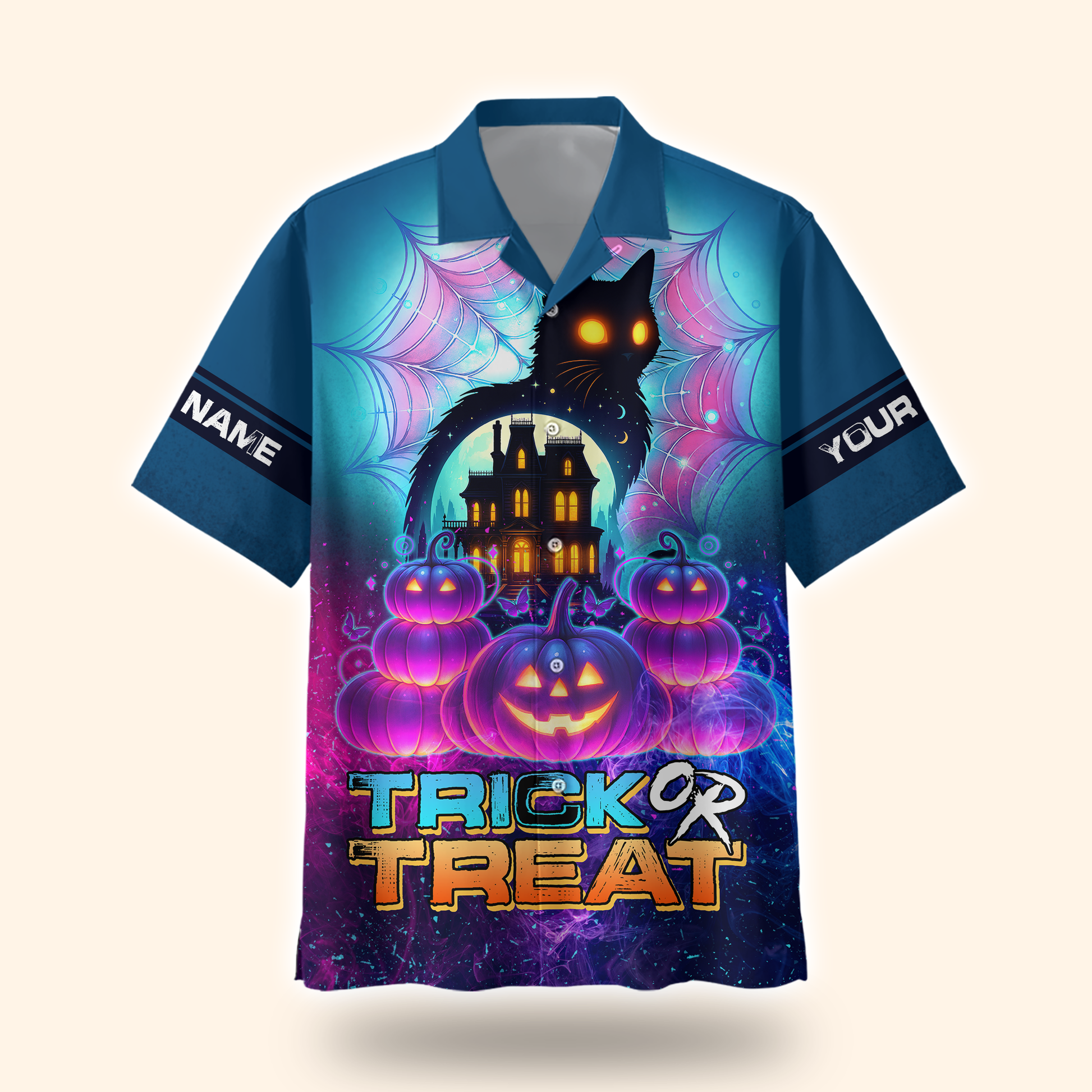 Personalized Trick or Treat Hoodie – Haunted House Black Cat Halloween Zip Up, Custom Choo