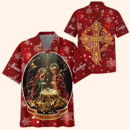 Christian Christmas Hoodie – Nativity Scene and Gold Cross Design, Personalized Faith Gift
