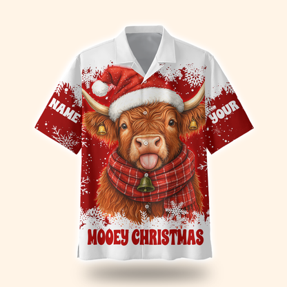 Custom Name Mooey Christmas Hoodie – Funny Highland Cow Zip Up, Red Holiday Hoodie Gift Idea