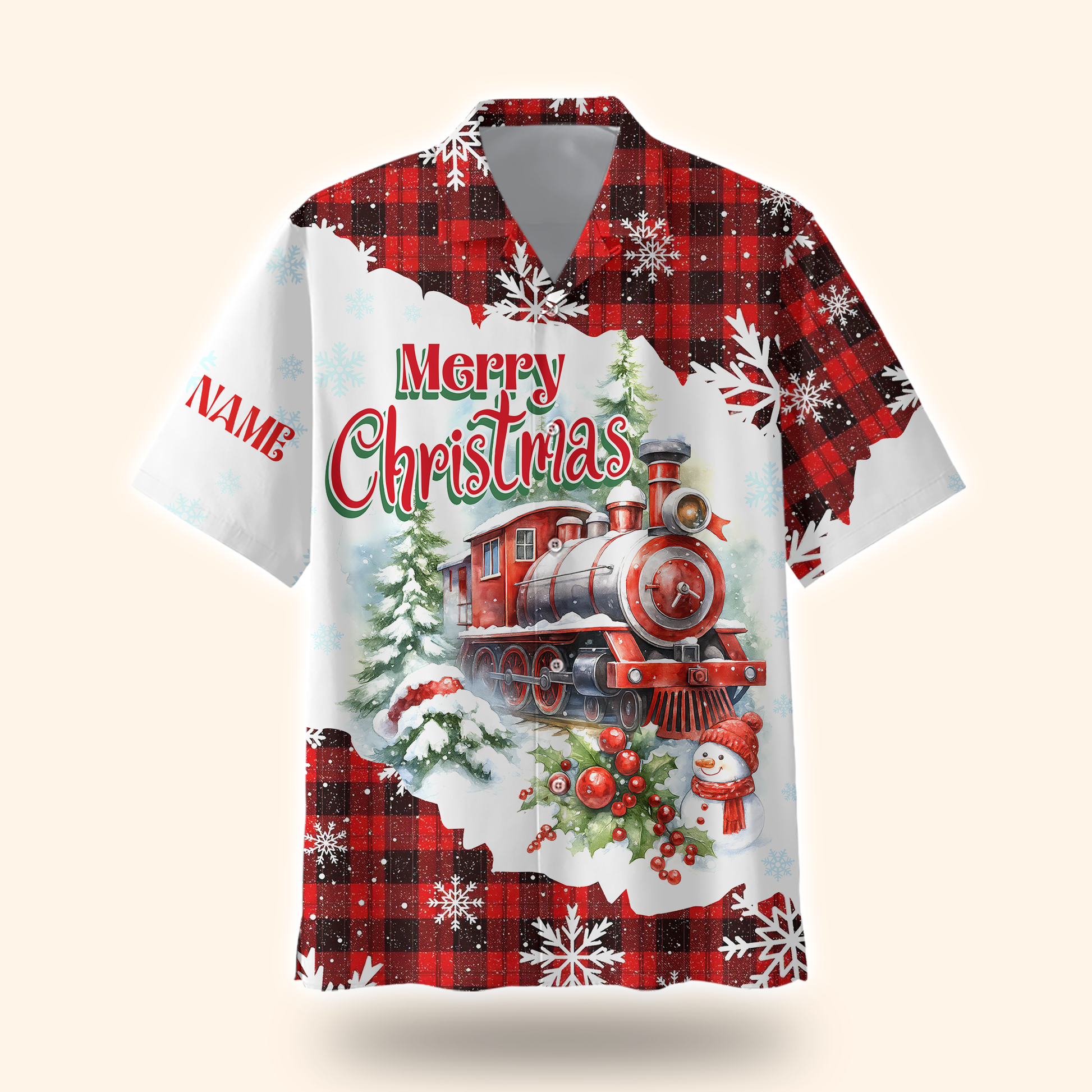 Christmas Train Hoodie – Vintage Steam Engine Design, Custom Name Plaid Holiday Zip Up, Custom Choo