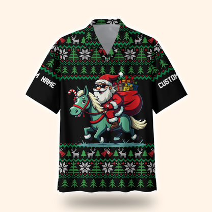 Funny Santa Riding Horse Hoodie – Custom Name Christmas Zip Up, Ugly Sweater Style, Holiday Hoodie for Horse Lovers