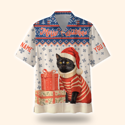 Black Cat Christmas Hoodie – Custom Name Santa Cat Zip Up