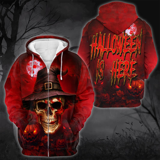Halloween Is Here Hoodie – Skull And Pumpkin Print 3D Sweatshirt, Custom Choo