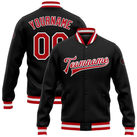 Custom Black Red-White Bomber Full-Snap Varsity Letterman Jacket