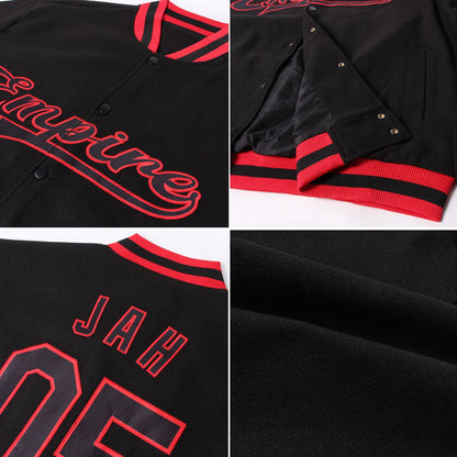 Custom Black Black-Red Bomber Full-Snap Varsity Letterman Jacket