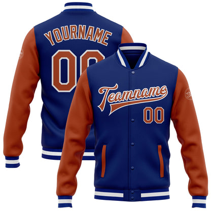 Custom Royal Texas Orange-White Bomber Full-Snap Varsity Letterman Two Tone Jacket
