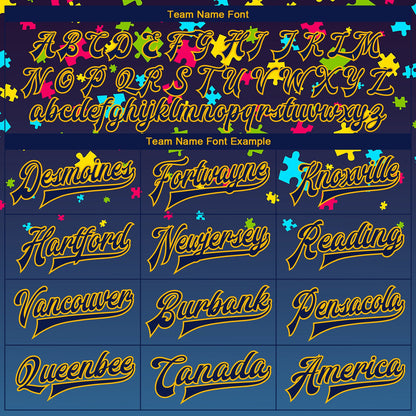 Custom Autism Supporter Awareness Puzzle Pieces Navy-Gold 3D Bomber Full-Snap Varsity Letterman Jacket