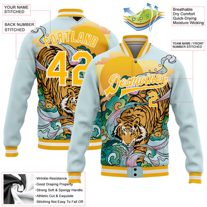 Custom Lakes Blue Gold-White Tiger 3D Pattern Design Bomber Full-Snap Varsity Letterman Jacket