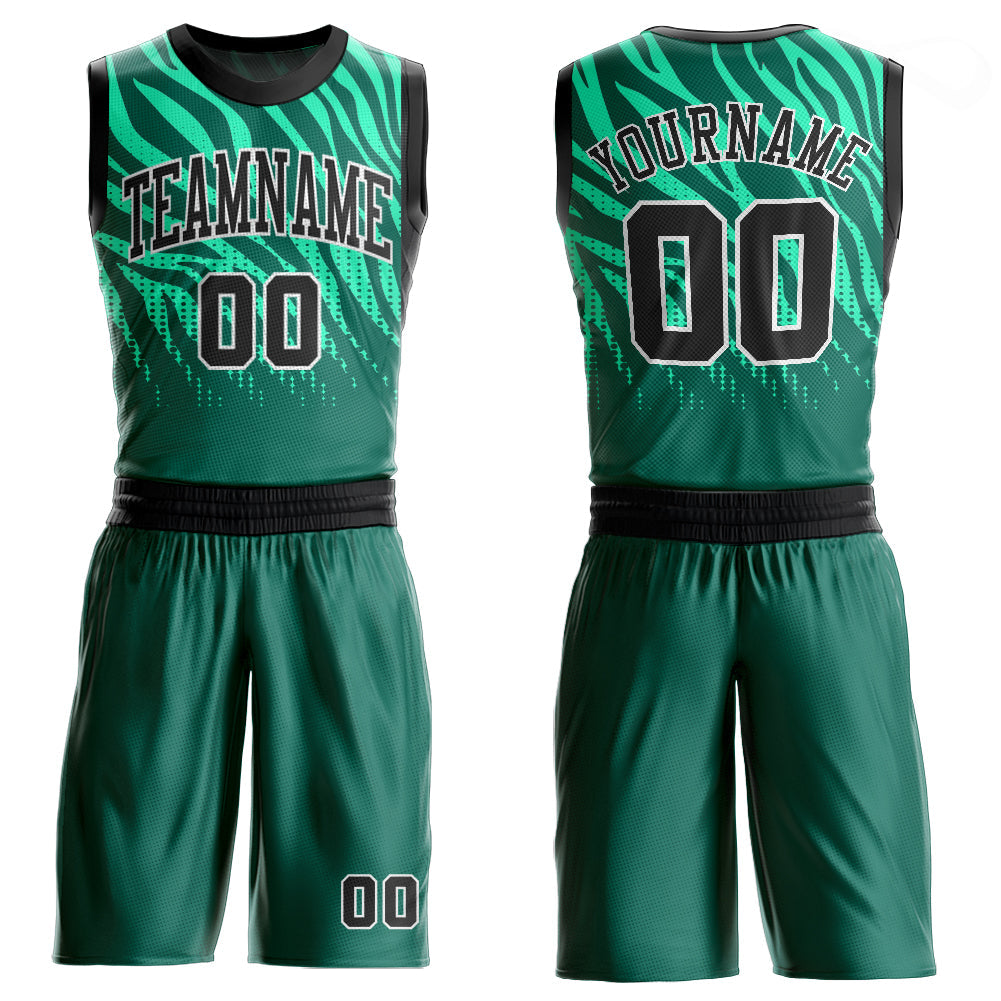 Custom Kelly Green Black-White Round Neck Sublimation Basketball Uniform Jersey