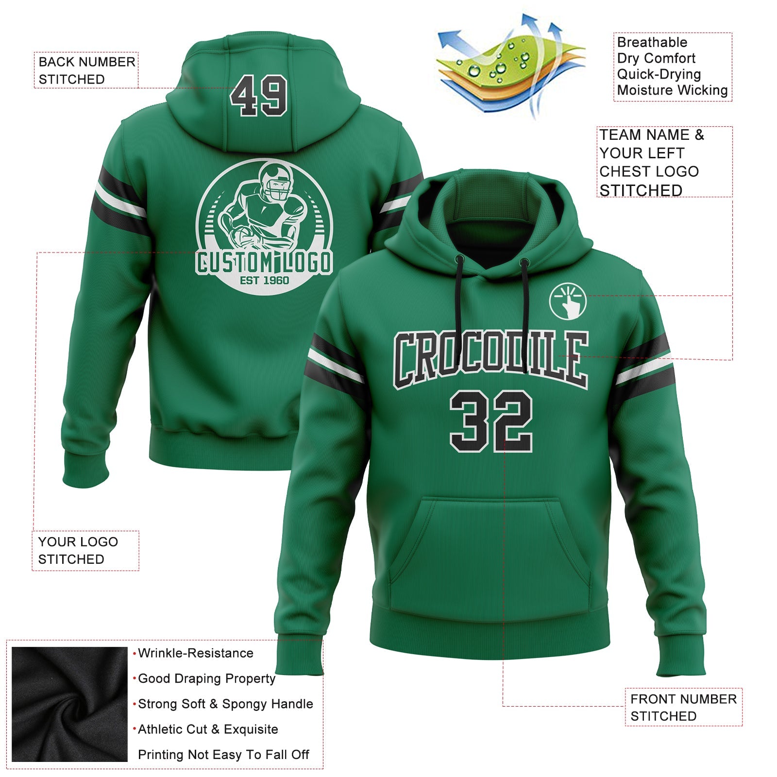 Custom Stitched Kelly Green Black-White Football Pullover Sweatshirt Hoodie