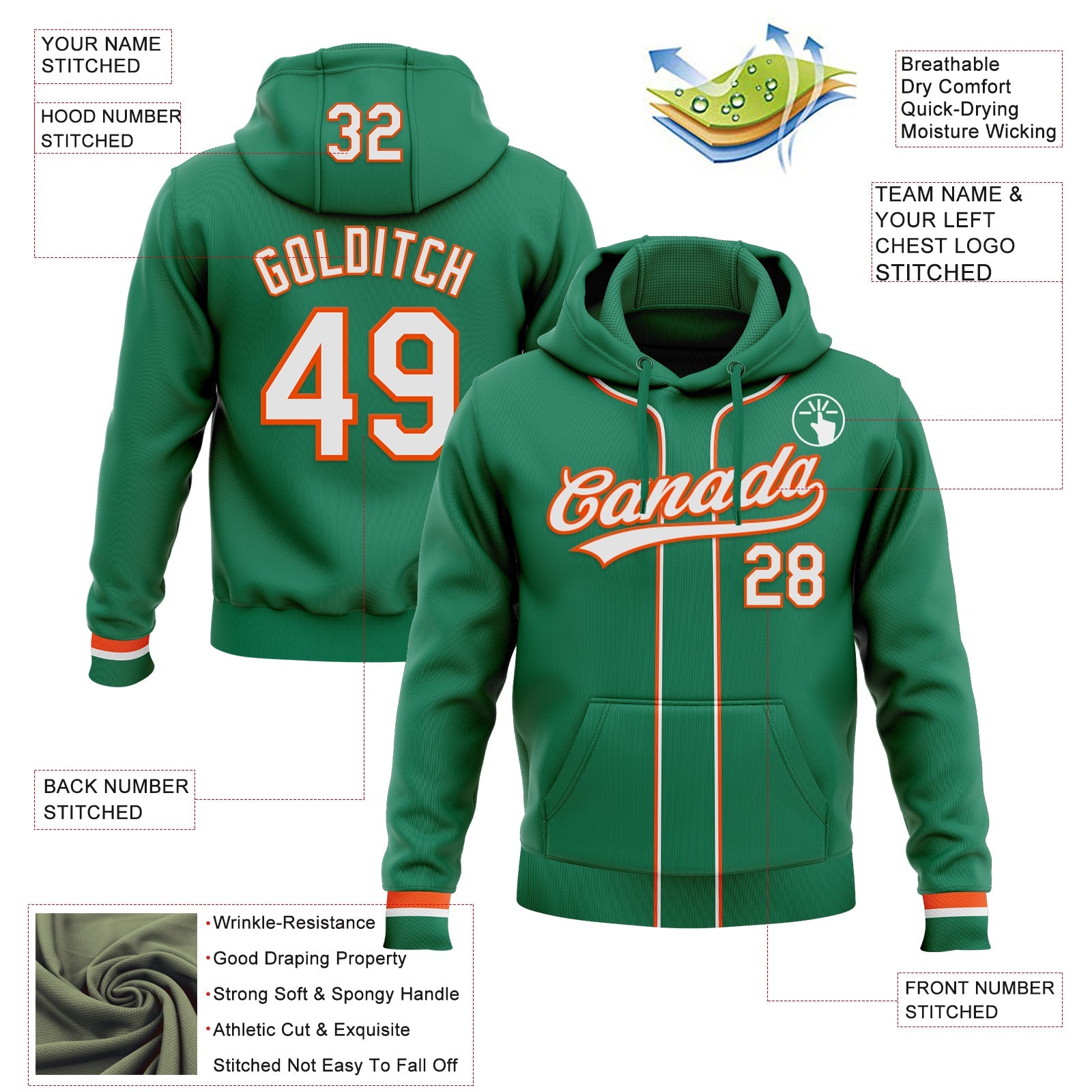 Custom Stitched Kelly Green White-Orange Baseball Pullover Sweatshirt Hoodie