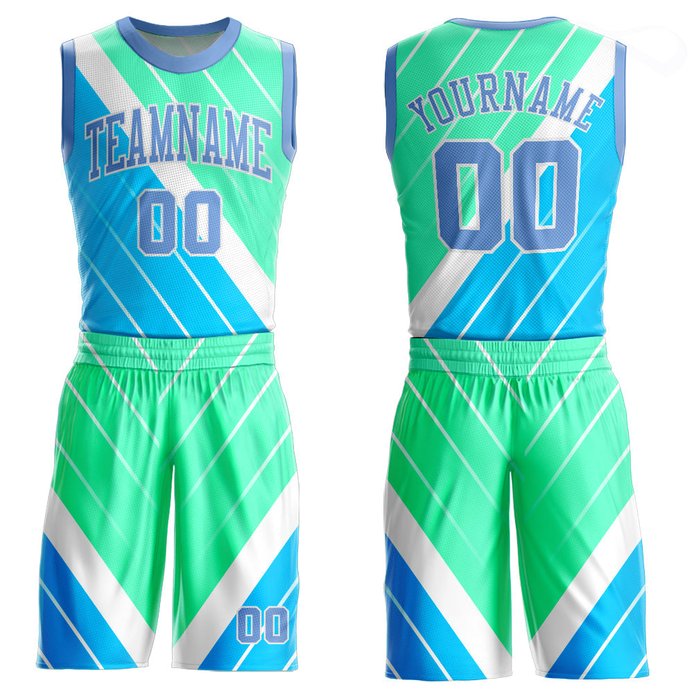Custom Light Blue Light Blue-Green Round Neck Sublimation Basketball Uniform Jersey
