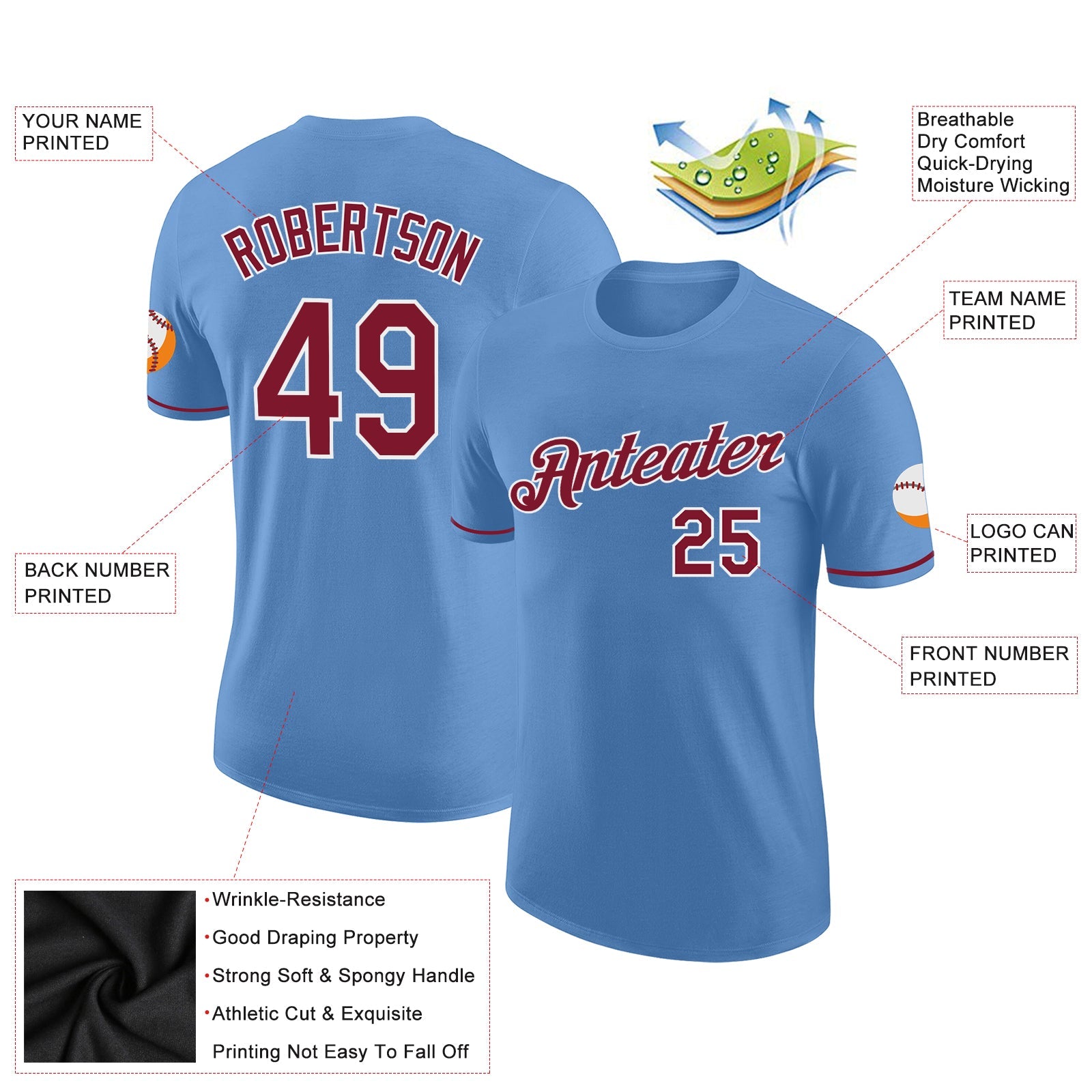 Custom Light Blue Crimson-White Performance T-Shirt