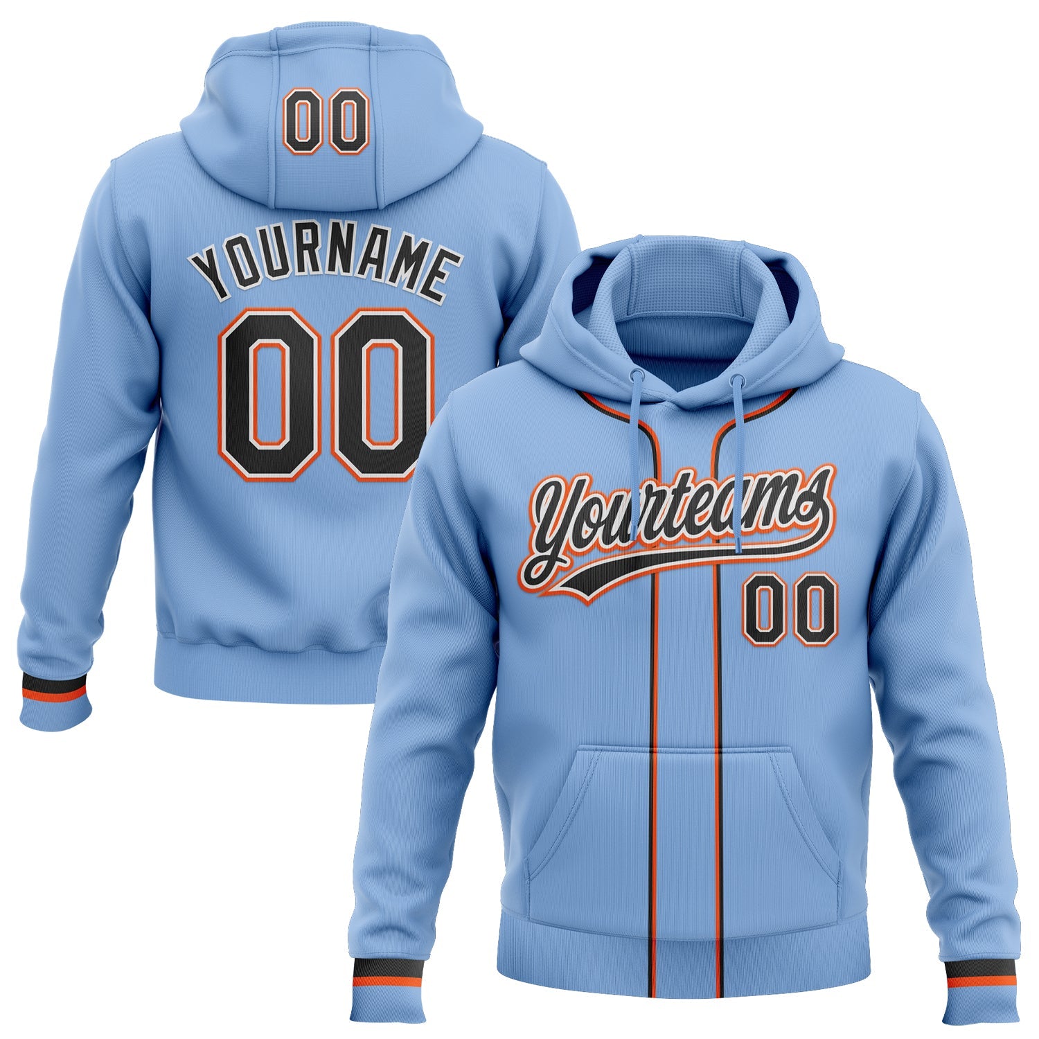 Custom Stitched Light Blue Black White-Orange Baseball Pullover Sweatshirt Hoodie