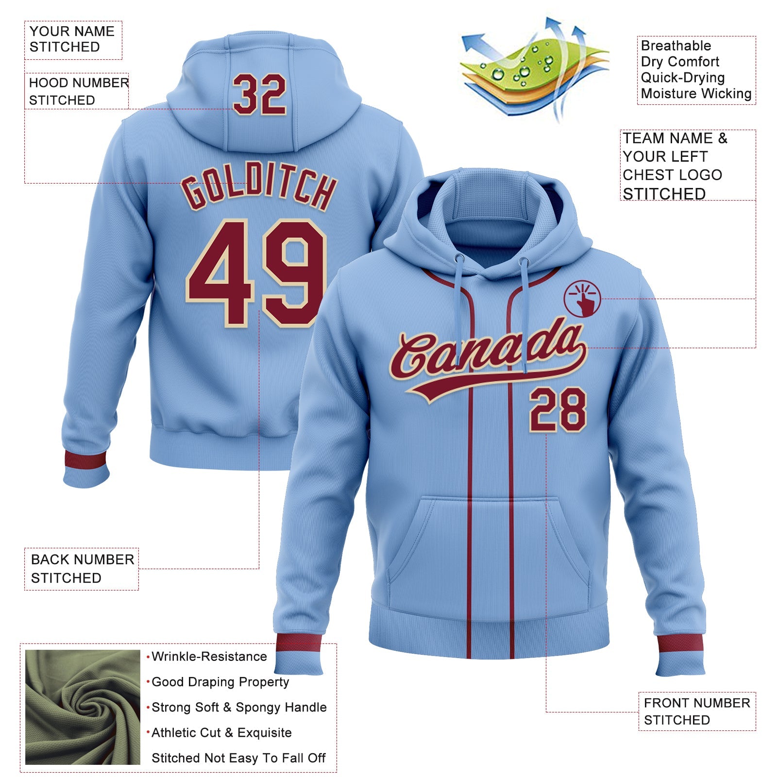 Custom Stitched Light Blue Crimson-Cream Baseball Pullover Sweatshirt Hoodie