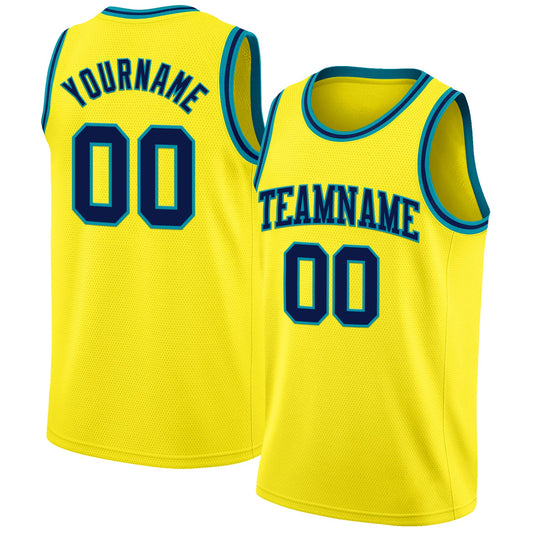 Custom Light Yellow Navy-Teal Authentic Basketball Jersey