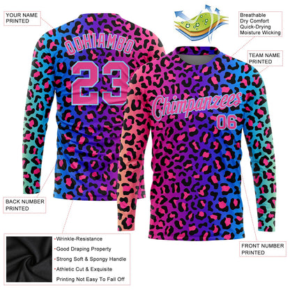 Custom Purple Pink-Light Blue Leopard 3D Pattern Long Sleeve Performance T-Shirt