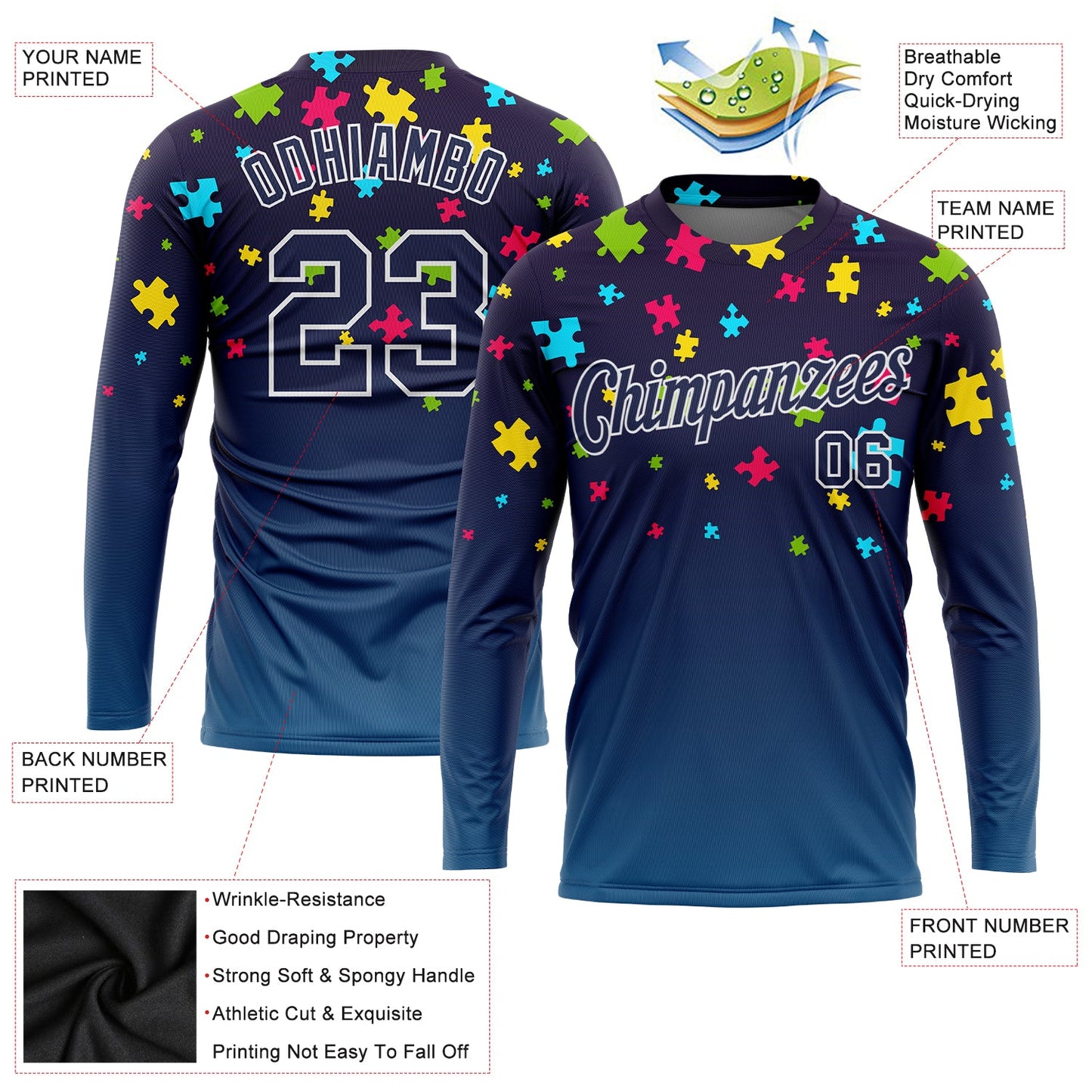 Custom Navy Navy-White Autism Supporter Awareness Puzzle Pieces 3D Pattern Long Sleeve Performance T-Shirt