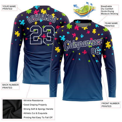 Custom Navy Navy-White Autism Supporter Awareness Puzzle Pieces 3D Pattern Long Sleeve Performance T-Shirt