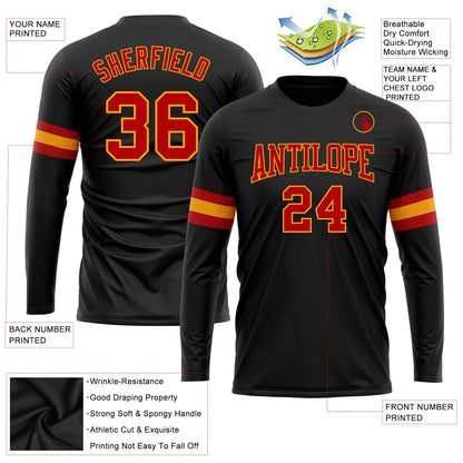 Custom Black Red-Gold Long Sleeve Performance T-Shirt