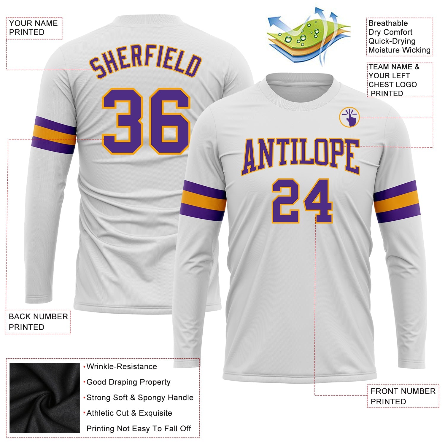 Custom White Purple-Gold Long Sleeve Performance T-Shirt
