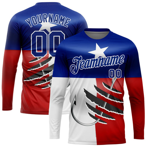 Custom Royal Red-White 3D Texas Flag And Fish Hook Fishing Long Sleeve Performance T-Shirt