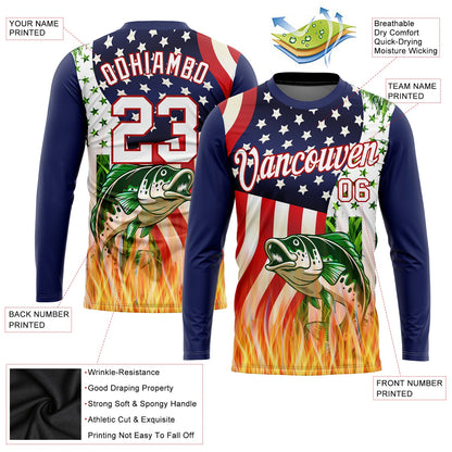 Custom Royal White-Red 3D American Flag And Bass Fish Fishing Long Sleeve Performance T-Shirt