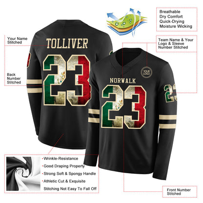 Custom Black Vintage Mexican Flag-Cream Long Sleeve Authentic Football Jersey
