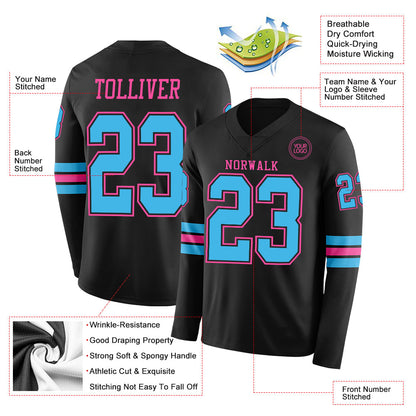 Custom Black Sky Blue-Pink Long Sleeve Authentic Football Jersey