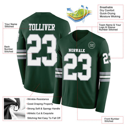 Custom Green White-Gray Long Sleeve Authentic Football Jersey