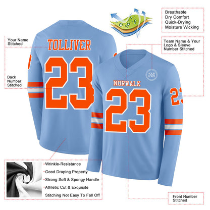 Custom Light Blue Orange-White Long Sleeve Authentic Football Jersey