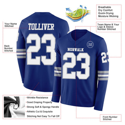 Custom Royal White-Gray Long Sleeve Authentic Football Jersey